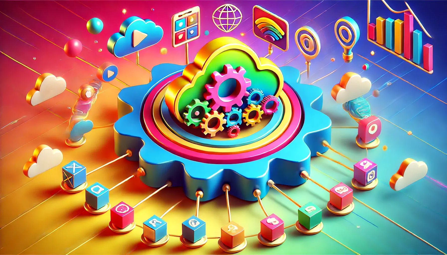 workflow integrations with elements like gears, cloud connections, and app icons on a gradient background.